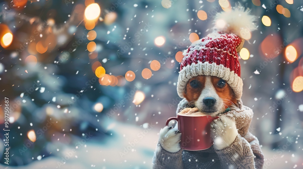 A cute dog in a knitted hat drinks hot chocolate A cute dog in a knitted hat drinks hot chocolate