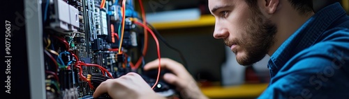 Engineer working on a complex circuit board in a lab, focusing on wiring and components. Technology, repair, and electronics concept. photo