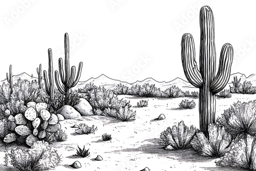 Sketch of the desert of America with cacti. Prairie landscape. Hand drawn vector illustration