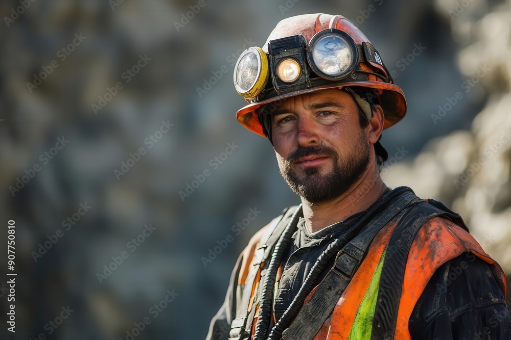 Portrait of a miner in safety gear with headlamp, helmet, and reflective vest, standing at a mining site. Portrait of a miner in safety gear with headlamp, helmet, and reflective vest, standing at a mining site.