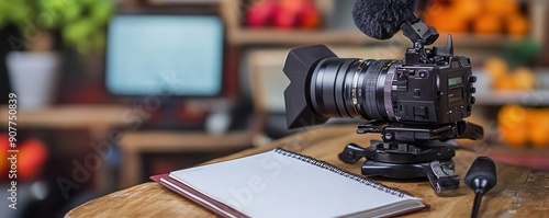 Professional video camera with microphone and empty notepad on desk, ready for video production in a cozy studio setting with blurred background.