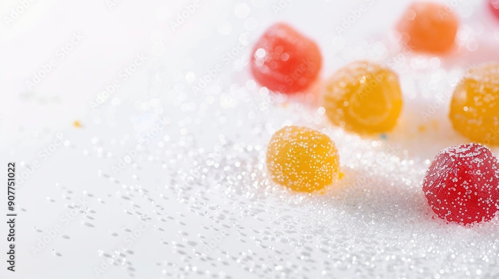 Small Marmalades Sprinkled with Sugar on White Background: Delicate Colorful Treats Floating in Space Small Marmalades Sprinkled with Sugar on White Background: Delicate Colorful Treats Floating in Space