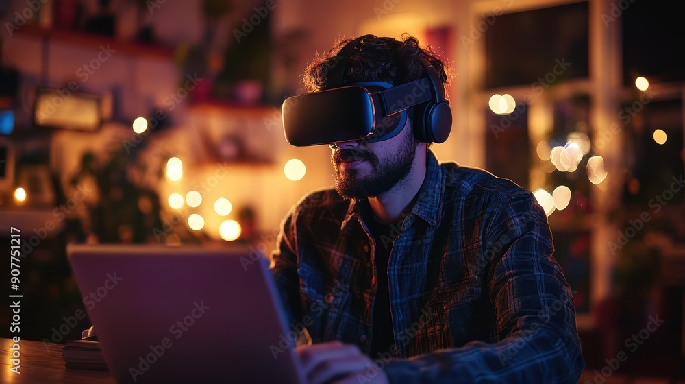 Man with VR headset working on laptop in metaverse Man with VR headset working on laptop in metaverse