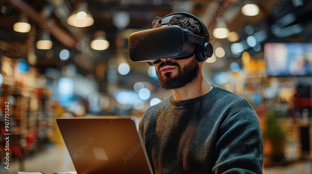 Man with VR headset working on laptop in metaverse Man with VR headset working on laptop in metaverse