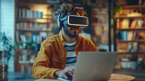 Man with VR headset working on laptop in metaverse