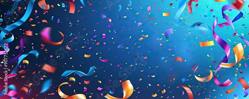 Vibrant celebration with colorful confetti and ribbons on a blue background, creating a festive and cheerful atmosphere.