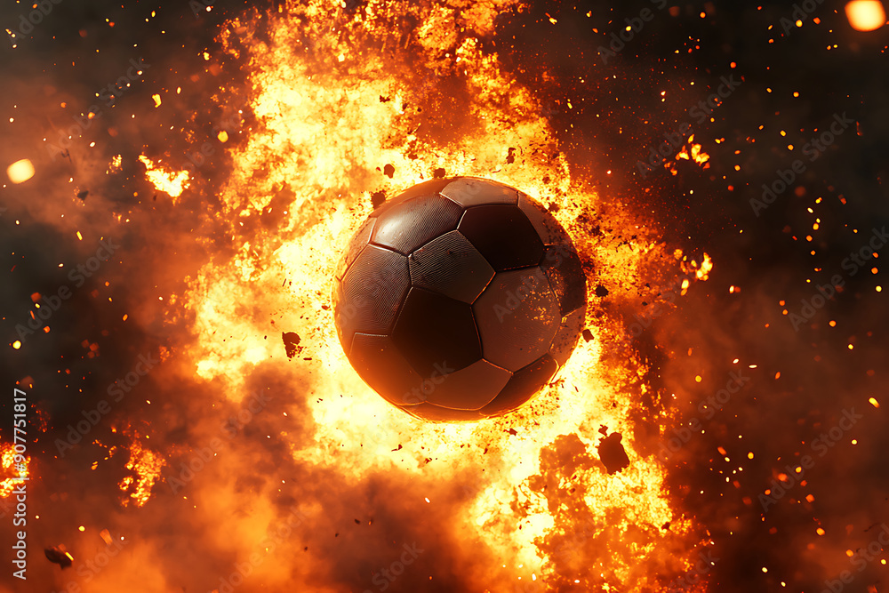 Fototapeta premium Flying soccer ball on fire -falling down