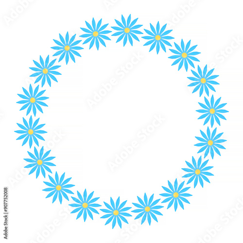 round frame made of blue with yellow flowers against white