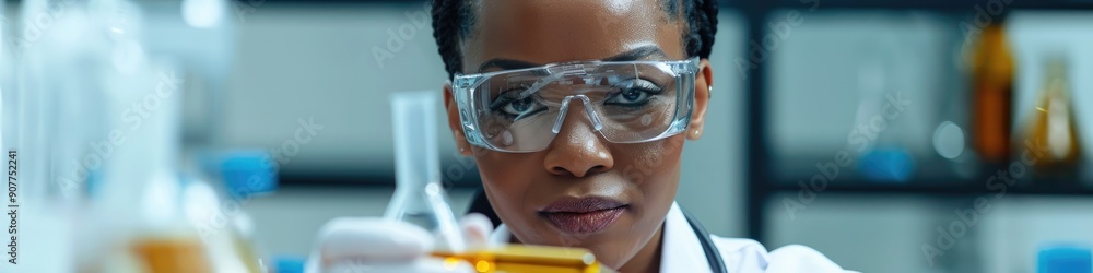African American female scientist measuring liquid in laboratory African American female scientist measuring liquid in laboratory