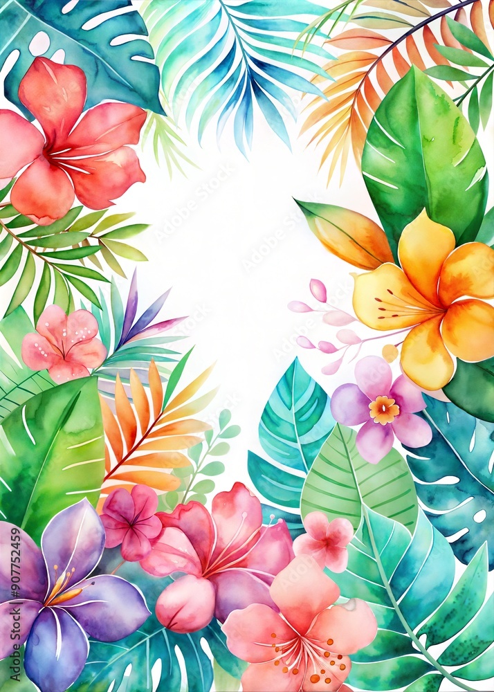 Naklejka premium Vibrant tropical flowers framing blank space for creative designs in bright colors