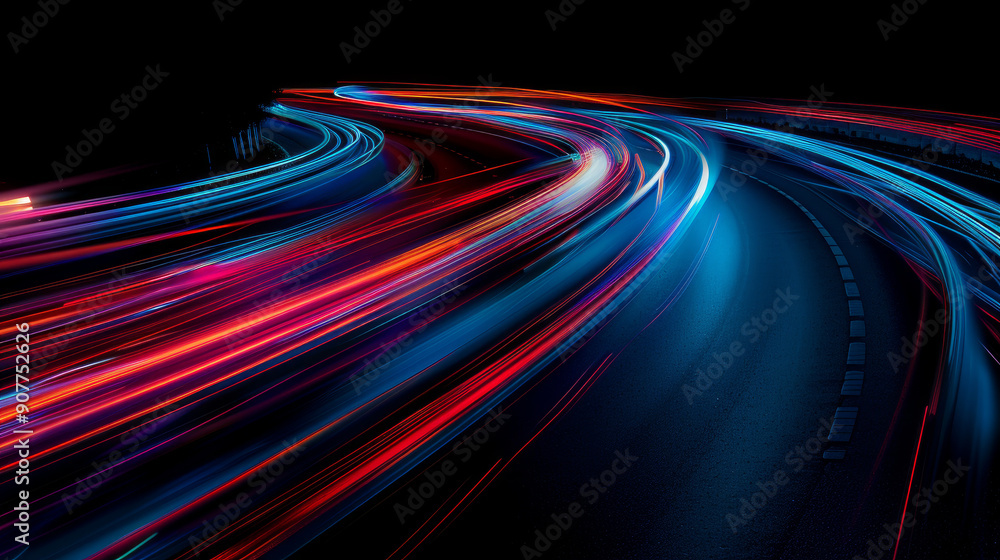 Blue and red lights create curves and waves against a black background, capturing the motion of an urban road. The effect is like a long exposure painting with light. Blue and red lights create curves and waves against a black background, capturing the motion of an urban road. The effect is like a long exposure painting with light.