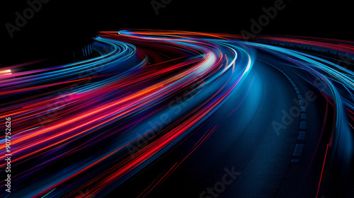 Blue and red lights create curves and waves against a black background, capturing the motion of an urban road. The effect is like a long exposure painting with light.