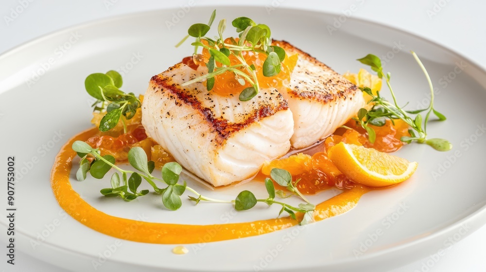 Culinary Artistry: Gourmet Plated Fish with Citrus Glaze in High-angle Close-up - Fine Dining Exquisite Seafood Delicacy with Copy Space, Generative Ai Culinary Artistry: Gourmet Plated Fish with Citrus Glaze in High-angle Close-up - Fine Dining Exquisite Seafood Delicacy with Copy Space, Generative Ai