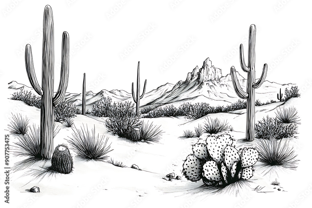 Sketch of the desert of America with cacti. Prairie landscape. Hand drawn vector illustration