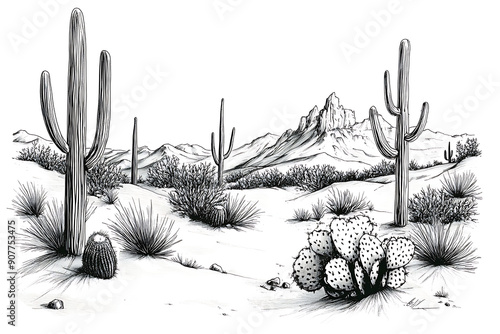 Obraz na płótnie Sketch of the desert of America with cacti. Prairie landscape. Hand drawn vector illustration w salonie