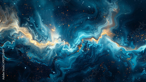 Abstract blue and yellow cosmic energy is forming swirling shapes in outer space