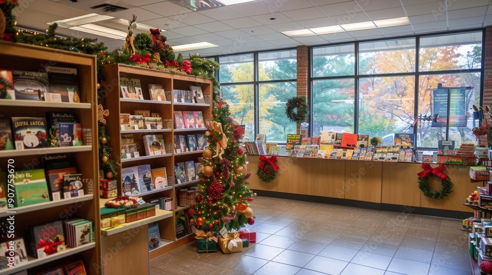 Christmas Decorated Book Store Interior. Christmas Decorated Book Store Interior.