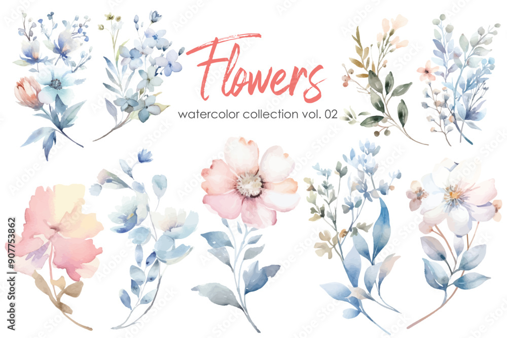 Watercolor set of flowers, leaves and branches. Hand drawn illustration. Watercolor set of flowers, leaves and branches. Hand drawn illustration.