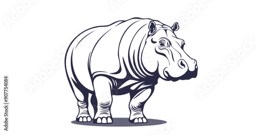 Vector graphic monochrome powerful hippopotamus. Wild african animal of lakes and swamps. Zoo. Hippo. White isolated background.