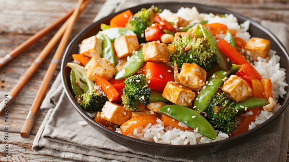 Delicious stir-fry tofu with vibrant vegetables served on white rice, garnished with sesame seeds, and presented on a rustic wooden table. Delicious stir-fry tofu with vibrant vegetables served on white rice, garnished with sesame seeds, and presented on a rustic wooden table.