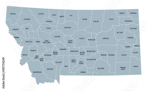 Montana, U.S. state, subdivided into 56 counties, gray political map with borders and county names. State in the Mountain West region of United States, nicknamed Big Sky Country, and Treasure State. photo