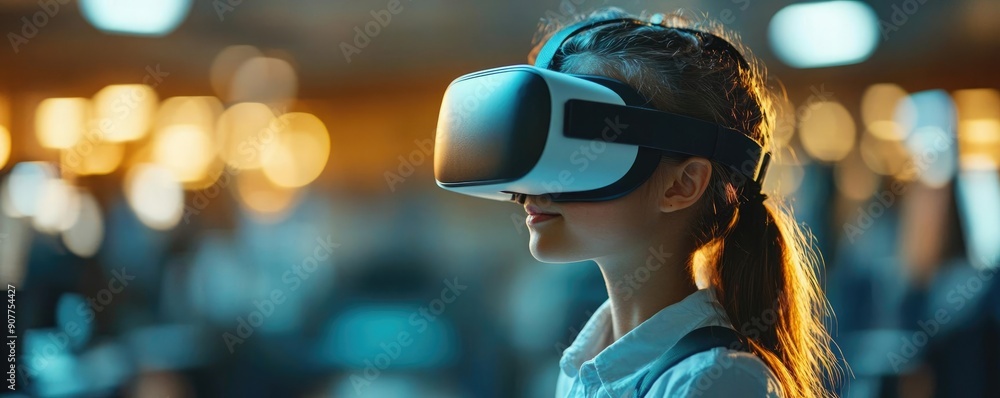 A girl experiences virtual reality with a headset, immersed in a futuristic environment filled with vibrant lights. A girl experiences virtual reality with a headset, immersed in a futuristic environment filled with vibrant lights.