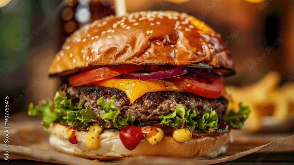 Juicy burgers with melted cheese, fresh vegetables, and toasted buns are waiting to be eaten. Juicy burgers with melted cheese, fresh vegetables, and toasted buns are waiting to be eaten.