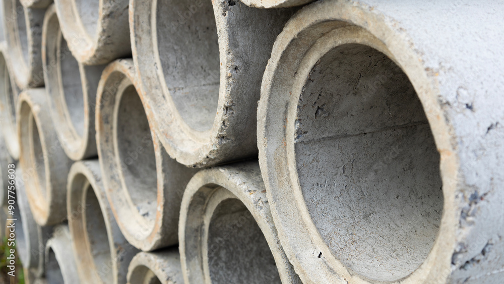 Round cement pipes are used for drainage pipes in buildings. Concrete pipes as a background for graphic design work. Round cement pipes are used for drainage pipes in buildings. Concrete pipes as a background for graphic design work.