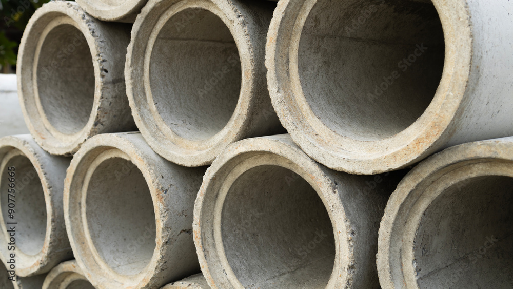 Round cement pipes are used for drainage pipes in buildings. Concrete pipes as a background for graphic design work. Round cement pipes are used for drainage pipes in buildings. Concrete pipes as a background for graphic design work.
