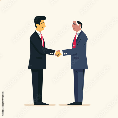 Two businessmen shaking hands during friendly greeting. Professional partnership two adult men suits engaging handshake. Corporate deal sealed formal handshake between executives