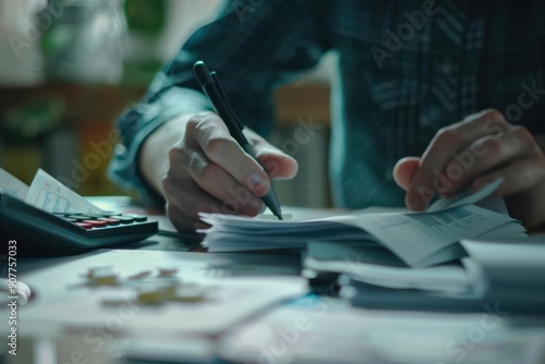 Male hand, hyperreal accounting office at table photo