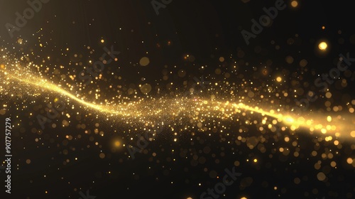 Shining golden wavy lines of light, golden wave lights, golden star dust traces of isolated sparkling particles.
