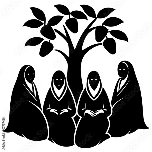 saudian arabic women wearing full black niqab sitting under huge cacao tree full of cacao fruits.