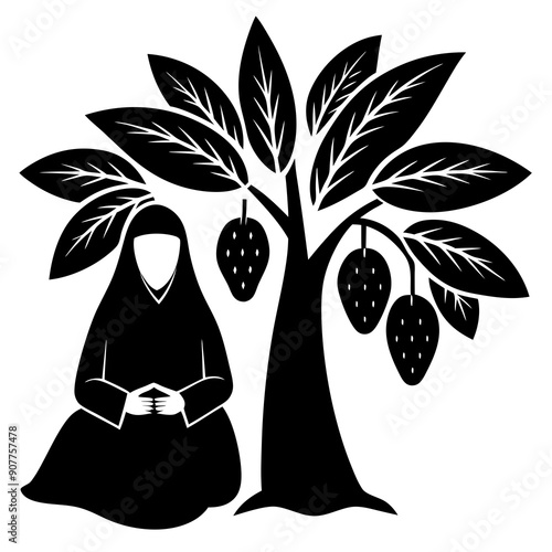 saudian arabic women wearing full black niqab sitting under huge cacao tree full of cacao fruits.