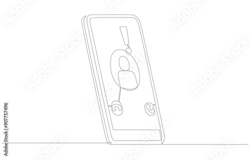 Continuous one line drawing of smartphone with notification of incoming call from scammer, phone scam alert concept, single line art.
