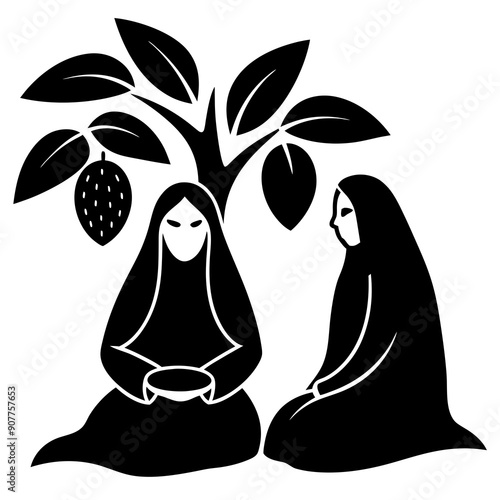 saudian arabic women wearing full black niqab sitting under huge cacao tree full of cacao fruits.
