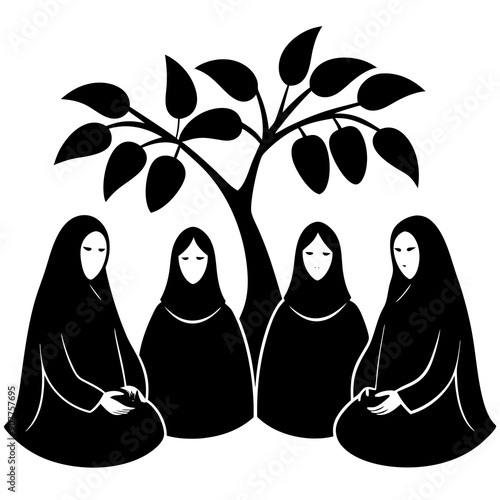 saudian arabic women wearing full black niqab sitting under huge cacao tree full of cacao fruits.