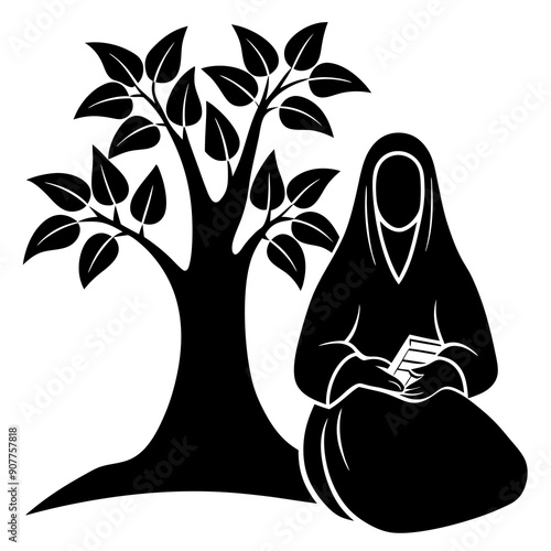 saudian arabic women wearing full black niqab sitting under huge cacao tree full of cacao fruits.