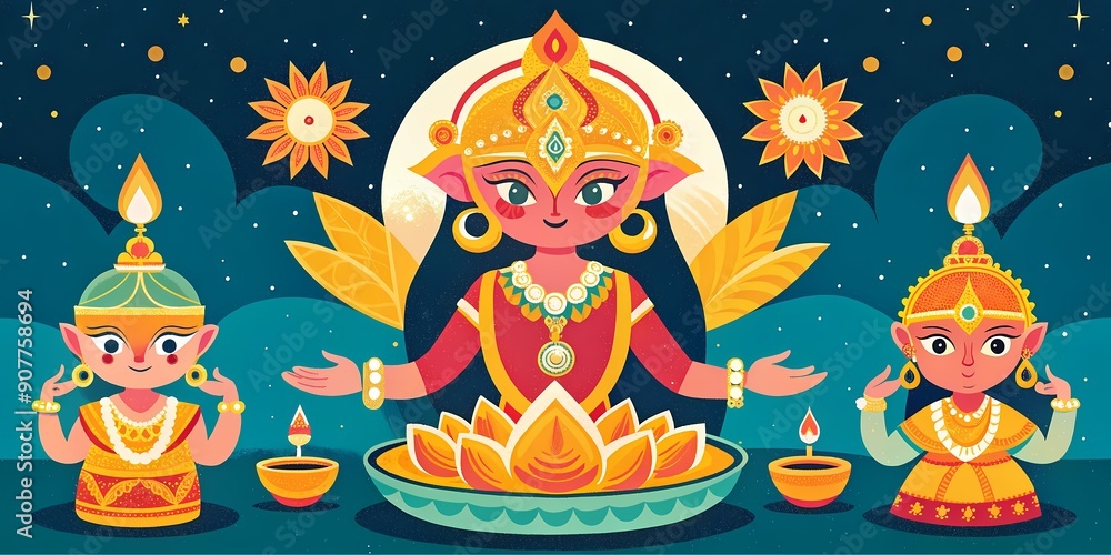 Naklejka premium Vibrant Dhanteras Celebration with Goddess Lakshmi - Ideal for Festivals, Cultural Events, and Design Projects