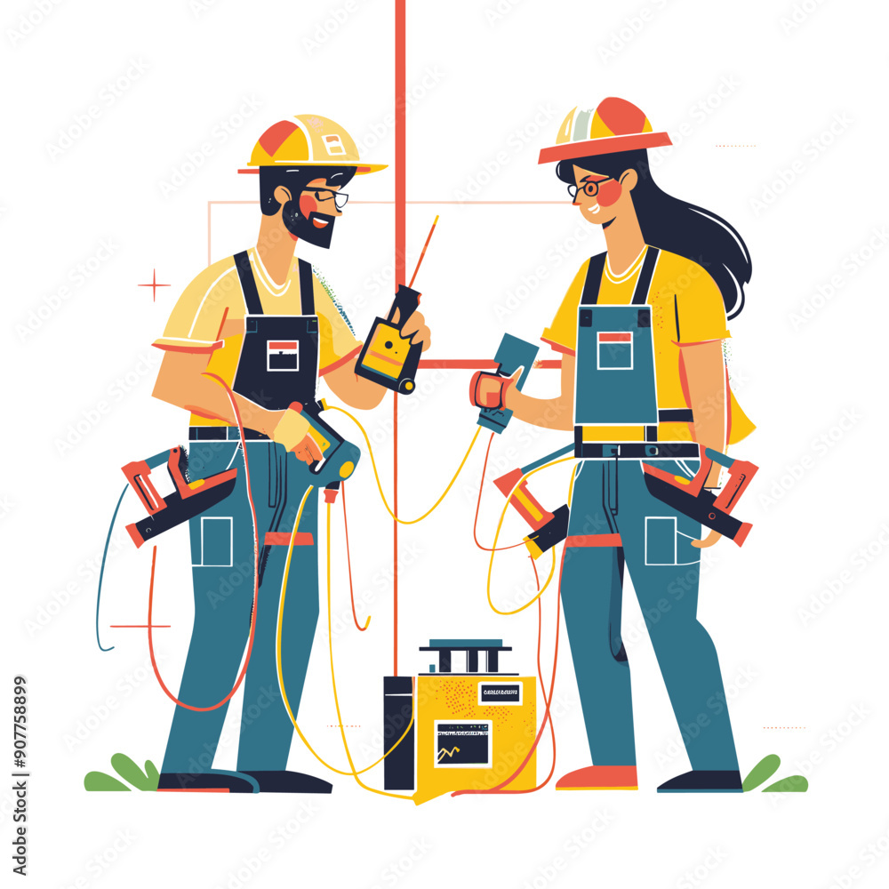 Two cartoon construction workers, one male one female, using tools equipment. Male worker walkietalkie drill, female measuring device, both wearing yellow helmets safety gear. Colorful Two cartoon construction workers, one male one female, using tools equipment. Male worker walkietalkie drill, female measuring device, both wearing yellow helmets safety gear. Colorful