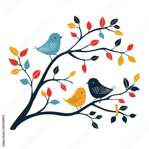 Three colorful birds perched branches adorned autumn leaves. Elegant simple shapes bold colors create modern graphic style. Birds leaves contrast sharply against plain background
