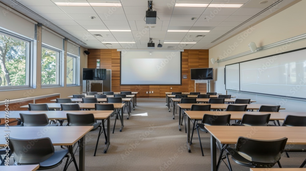 Empty Classroom with Tables, Chairs, Projector and Whiteboard. Empty Classroom with Tables, Chairs, Projector and Whiteboard.