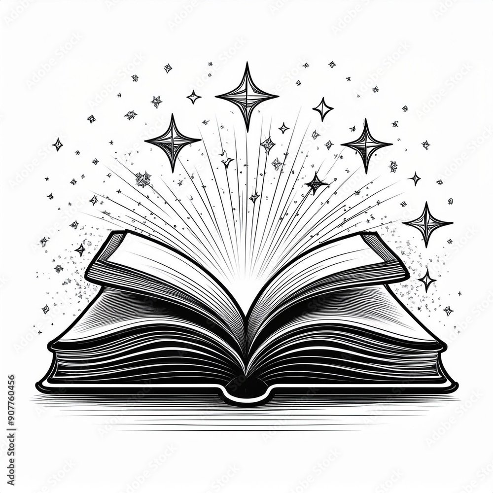 Shining Magic Book. An open paper book glows and sparkles. Black and white doodle sketch. Conceptual vector illustration about reading, education.