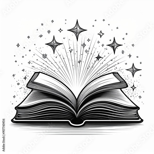 Obraz na płótnie Shining Magic Book. An open paper book glows and sparkles. Black and white doodle sketch. Conceptual vector illustration about reading, education. w salonie