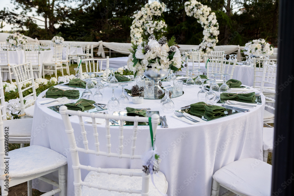 Elegant Outdoor Wedding Reception with Wisteria Floral Centerpieces