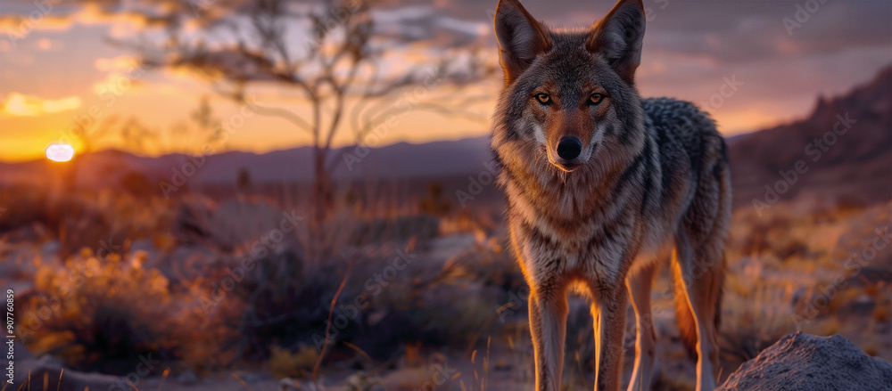 Jackal in arid environment with dry vegetation at sunset.