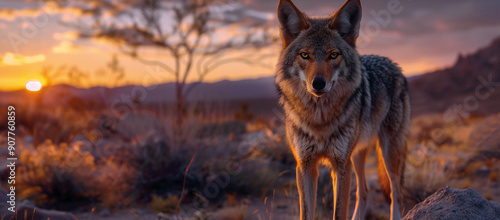 Obraz na płótnie Jackal in arid environment with dry vegetation at sunset. w salonie