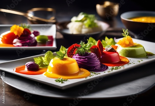 vibrantly decorated culinary presentation featuring colorful sauces artfully arranged ingredients plate, meal, arrangement, dish, cuisine, garnish, flavor