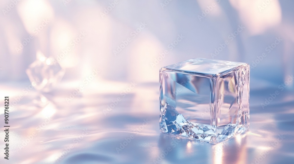 Transparent glass cube with soft pastel lighting and reflections Transparent glass cube with soft pastel lighting and reflections
