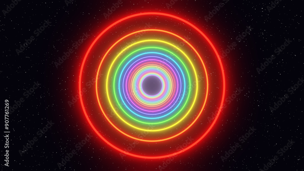 3d render abstract neon rainbow glowing circles in space isolated black. Psychedelic spiritual futuristic illustration in LGBT Pride bright colors. Background disco music template illustration 3d render abstract neon rainbow glowing circles in space isolated black. Psychedelic spiritual futuristic illustration in LGBT Pride bright colors. Background disco music template illustration